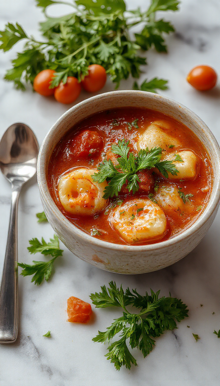 A vibrant bowl of tomato tortellini soup featuring plump tortellini pasta immersed in a rich red tomato broth, garnished with fresh basil leaves and a sprinkle of grated cheese, served in a rustic white bowl on a wooden table with a sprig of herbs for decoration