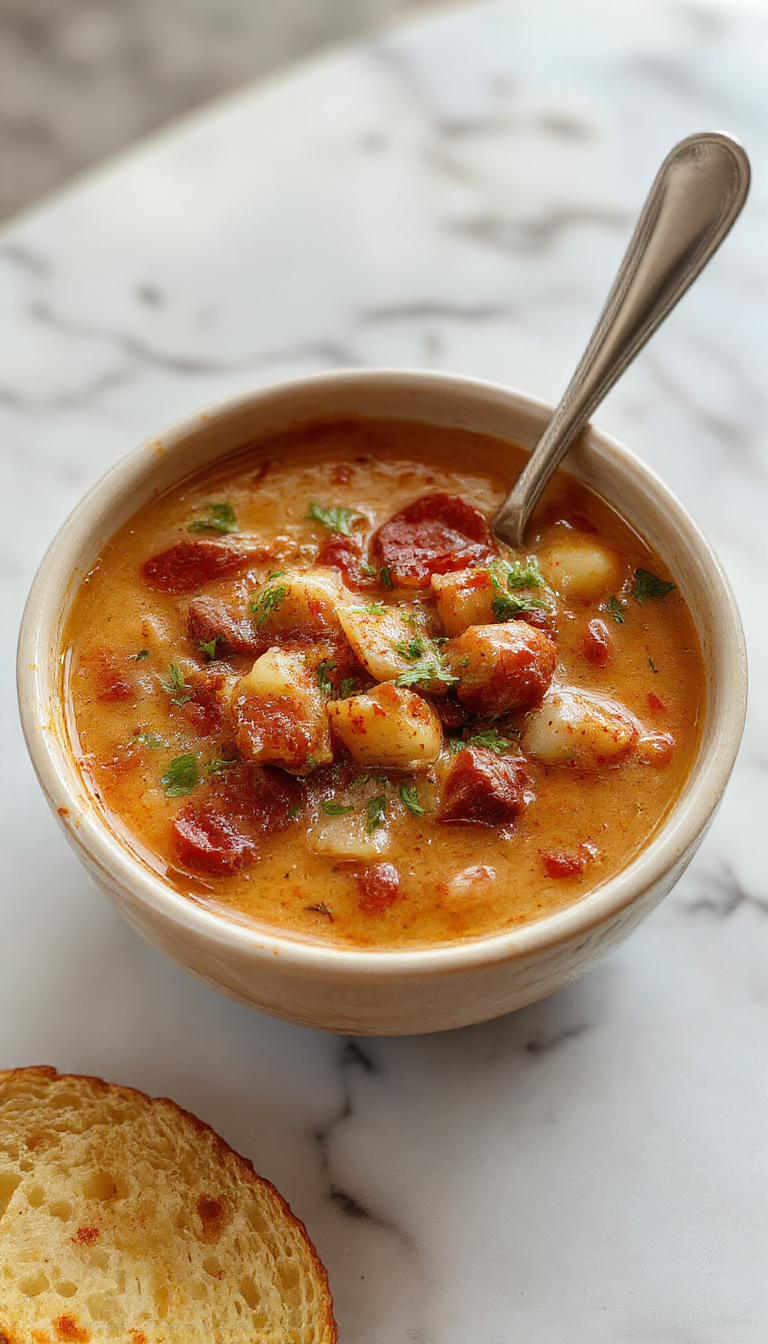 A vibrant bowl of creamy cowboy soup topped with shredded cheese, chopped green onions, and crispy bacon slices, served alongside crusty bread on a rustic wooden table with a cozy, warm atmosphere