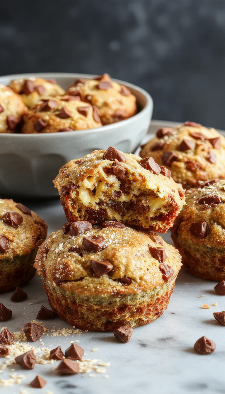 Golden banana chocolate chip muffins with melting chocolate chunks and fresh banana slices on top, placed on a rustic wooden table.