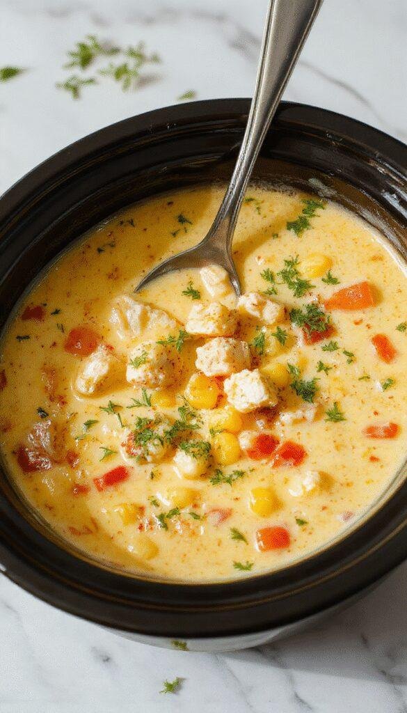 A vibrant bowl of creamy chicken corn chowder garnished with chopped cilantro and black pepper, placed on a rustic wooden table with a spoon, showcasing its chunky texture and golden-yellow color.