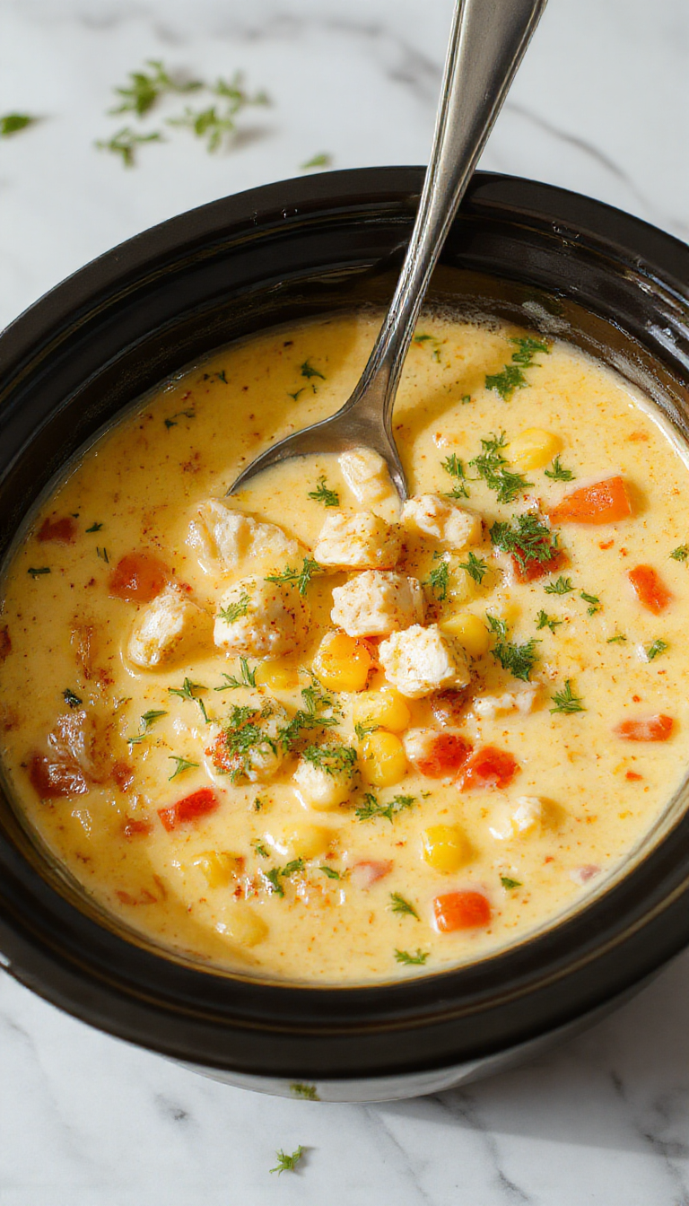A vibrant bowl of creamy chicken corn chowder garnished with chopped cilantro and black pepper, placed on a rustic wooden table with a spoon, showcasing its chunky texture and golden-yellow color.