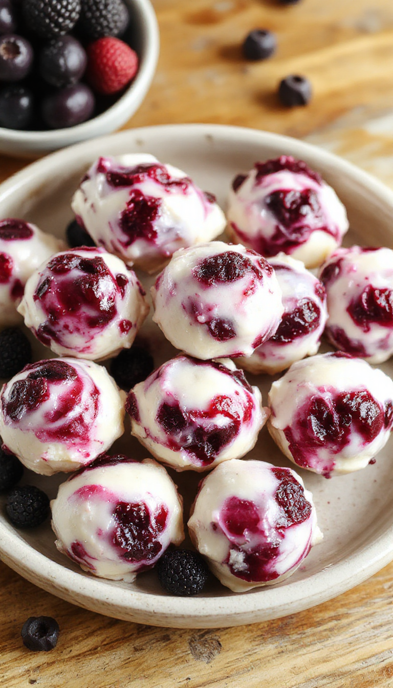 Close-up of Heavenly Swirled Blueberry Yogurt Bites showcasing creamy yogurt swirled with vibrant blueberries in mini bites.