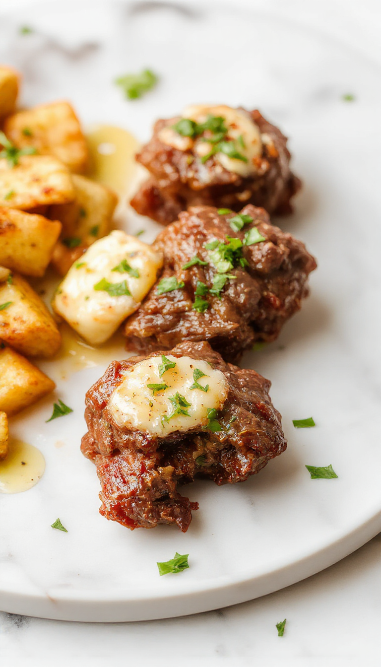 Colorful close-up of golden-brown beef bites coated in garlic butter sauce, arranged on a rustic white plate, garnished with fresh parsley, with a background of wooden cutting board and scattered garlic cloves, showcasing a glossy, textured surface.