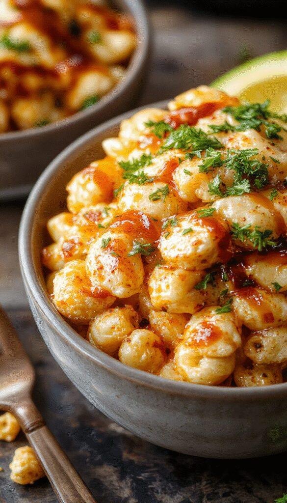 A comforting bowl of Honey BBQ Chicken Mac & Cheese topped with crispy chicken bits and drizzled with honey BBQ sauce, garnished with chopped herbs.
