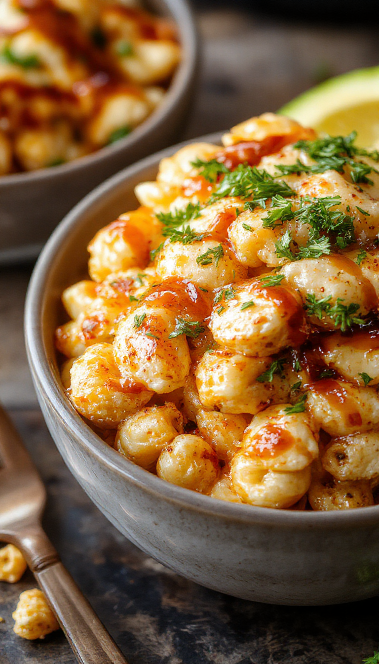 A comforting bowl of Honey BBQ Chicken Mac & Cheese topped with crispy chicken bits and drizzled with honey BBQ sauce, garnished with chopped herbs.