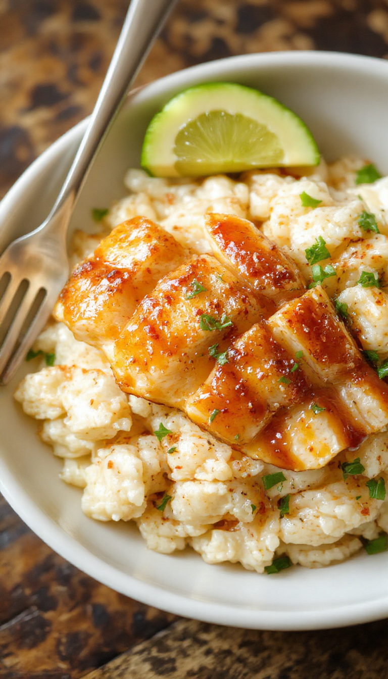 A plate of Honey Mustard Chicken served with fluffy rice, garnished with fresh herbs and a drizzle of honey mustard sauce.