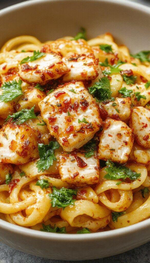 A plate of Honey Pepper Chicken Pasta featuring tender chicken, al dente pasta, and a glossy honey pepper sauce garnished with fresh herbs