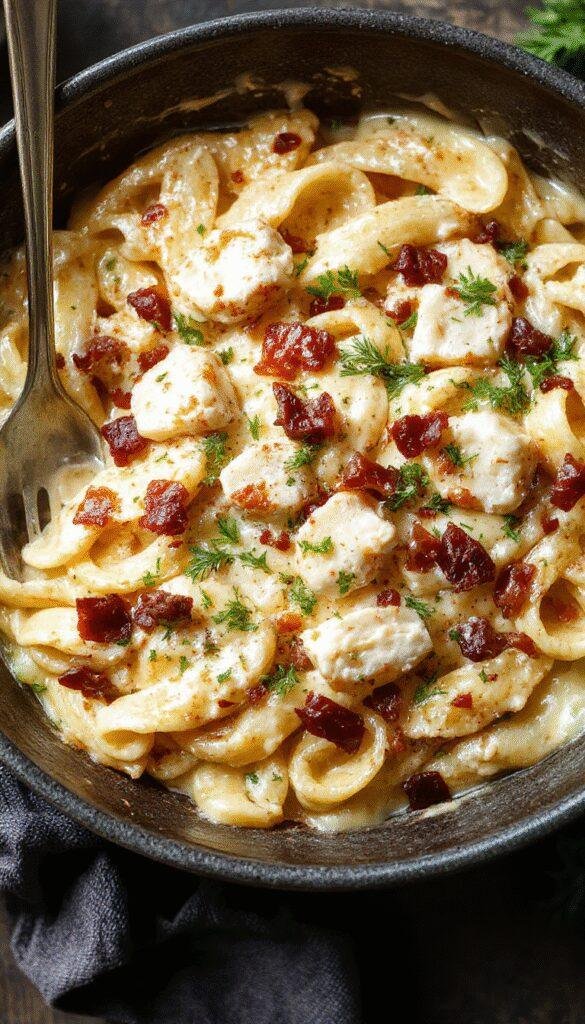 A plate of creamy chicken bacon ranch pasta garnished with herbs, showcasing tender chicken pieces, crispy bacon, and rich sauce.