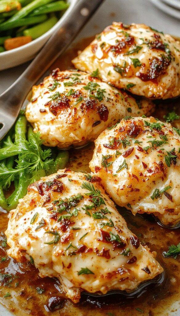 Creamy Garlic Parmesan Chicken served on a white plate garnished with fresh herbs, with a side of roasted vegetables on a rustic wooden table.