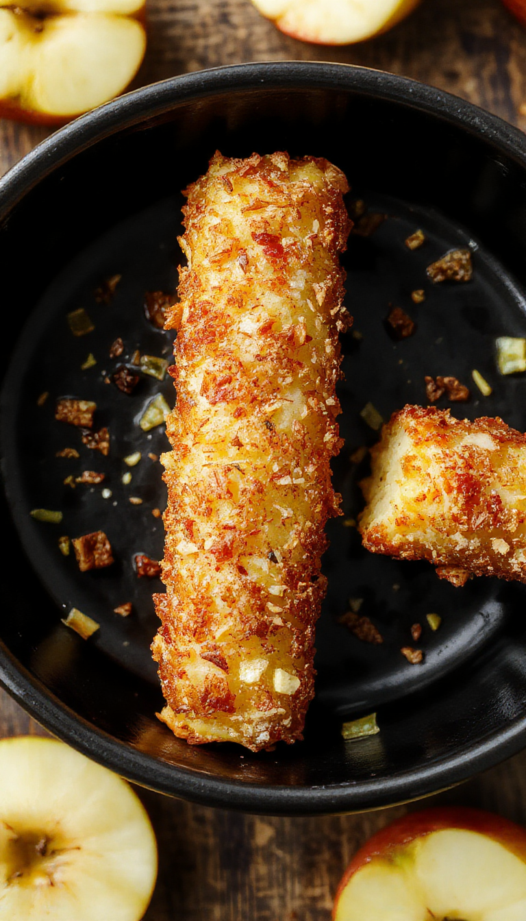 Golden air-fried apple sticks coated in cinnamon sugar, served on a white plate with a crispy texture visible.