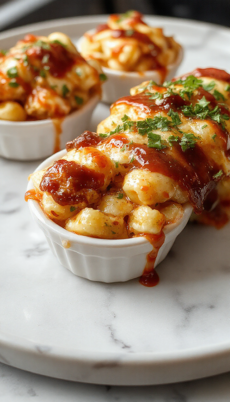 A close-up shot of a baked BBQ chicken mac and cheese dish with a golden-brown crust, topped with sliced green onions and melted cheese, served in a rustic white bowl with a cheesy gooey texture visible, and bits of shredded chicken and barbecue sauce glistening on the surface.