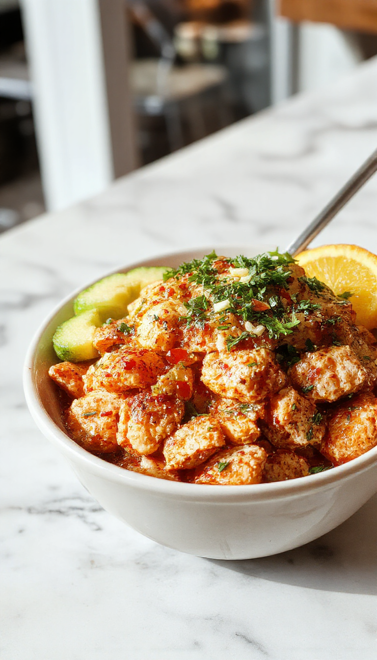 A colorful bowl filled with crispy fried chicken pieces drizzled with a creamy pink sauce, garnished with chopped green onions and sesame seeds, served on a modern white plate with a backdrop of fresh vegetables and herbs, showcasing a vibrant and appetizing presentation.