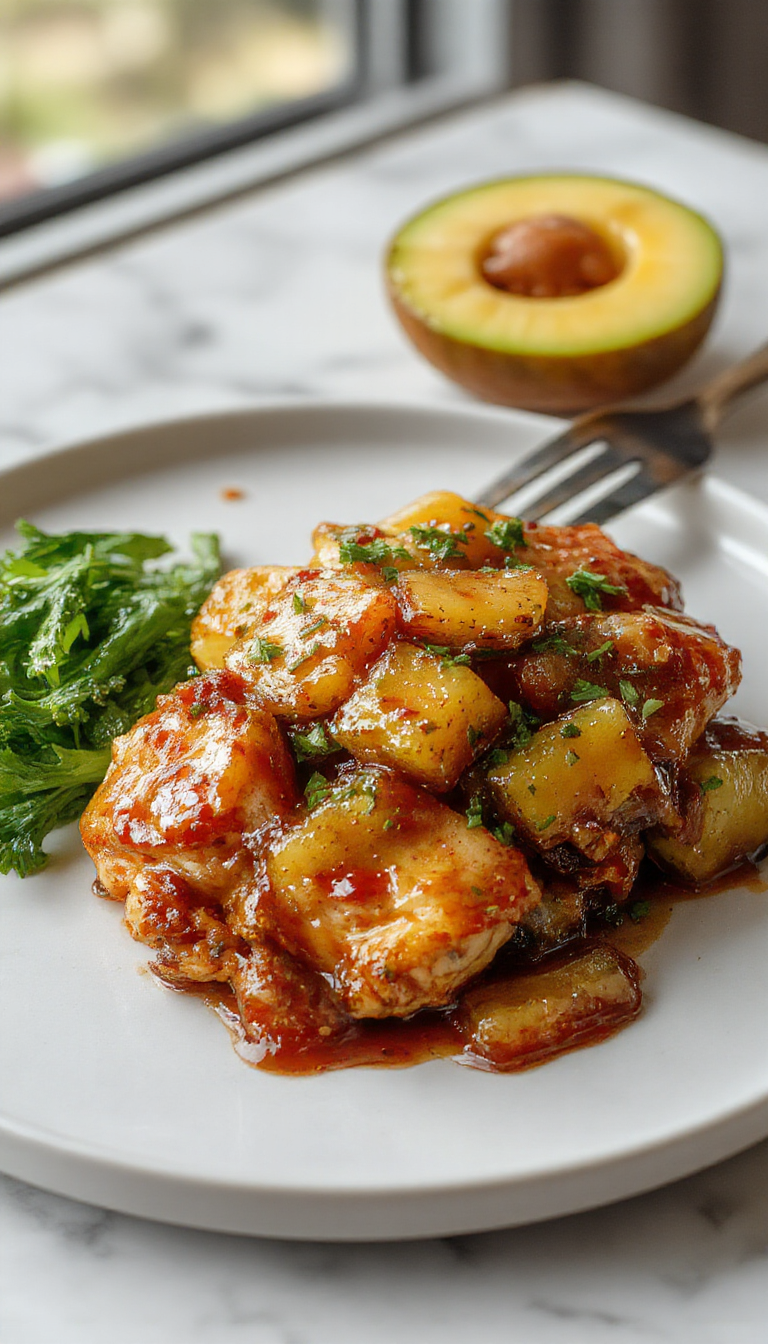 A vibrant plate featuring golden-brown chicken pieces glazed with a glossy, caramelized pineapple sauce. Slices of fresh pineapple and a sprinkle of chopped green onions garnish the dish. The chicken has a crispy exterior with hints of caramelization, presented on a clean white plate against a rustic wooden table with tropical accents and a touch of greenery.