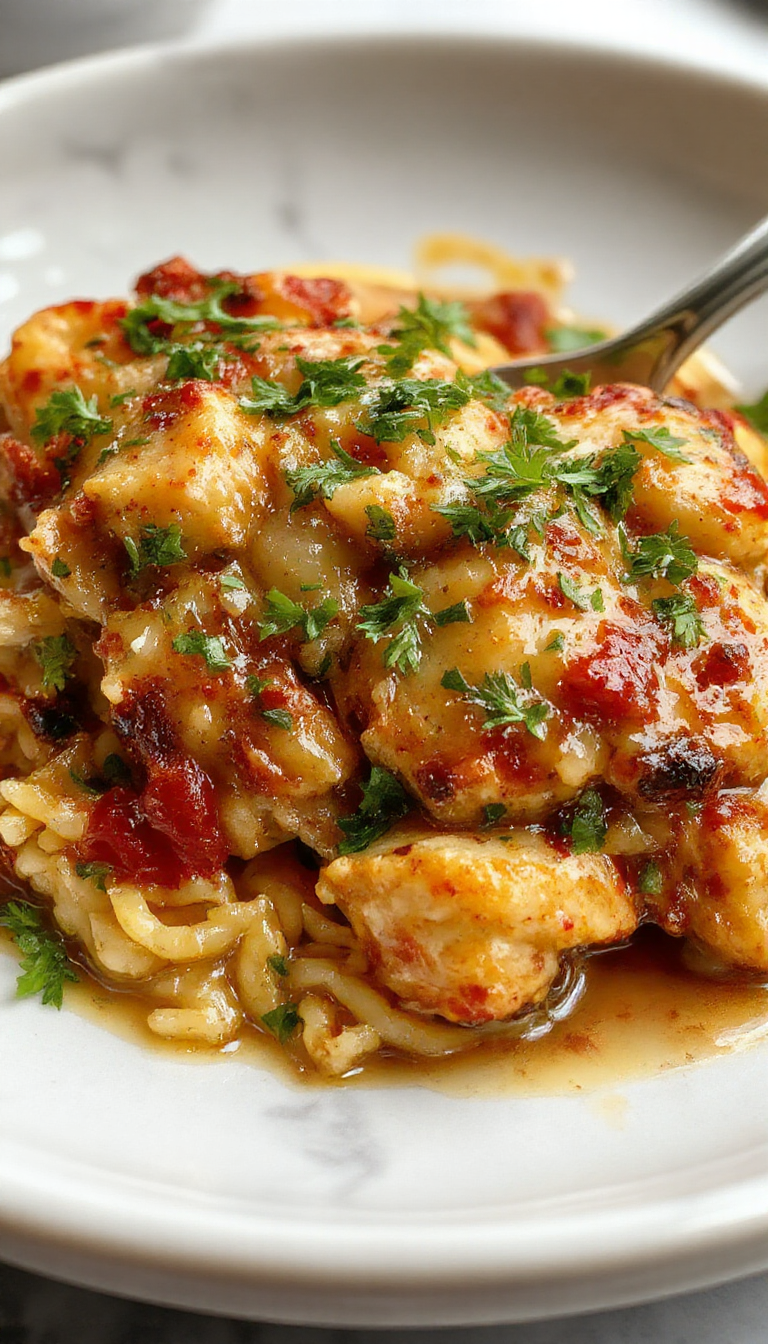A vibrant plate featuring sautéed Cajun chicken strips resting atop a bed of golden orzo pasta, garnished with fresh herbs and colorful bell peppers, showcasing a spicy and savory dish with rich textures and appealing presentation.