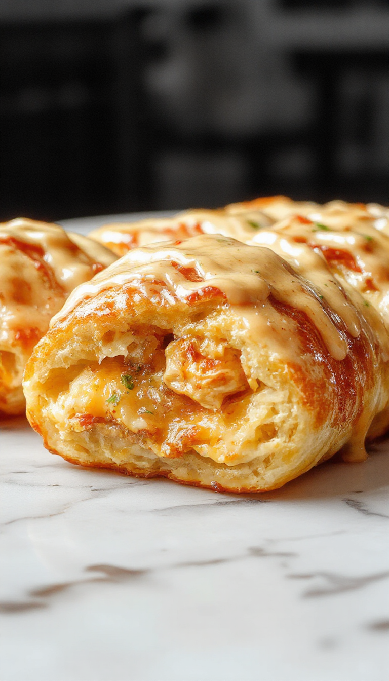 Golden-brown crescent rolls filled with shredded chicken and melted cheese, garnished with fresh herbs, served sliced on a white plate with a crispy, flaky texture and gooey cheese oozing out.