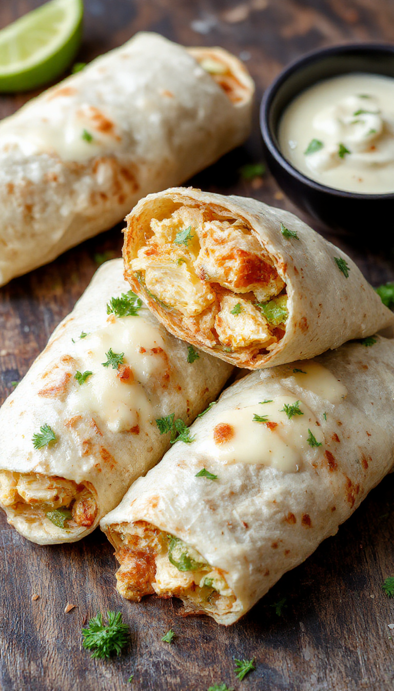 Golden cheesy garlic chicken wraps sliced open showing melted cheese, seasoned chicken, fresh lettuce, and crispy wraps.