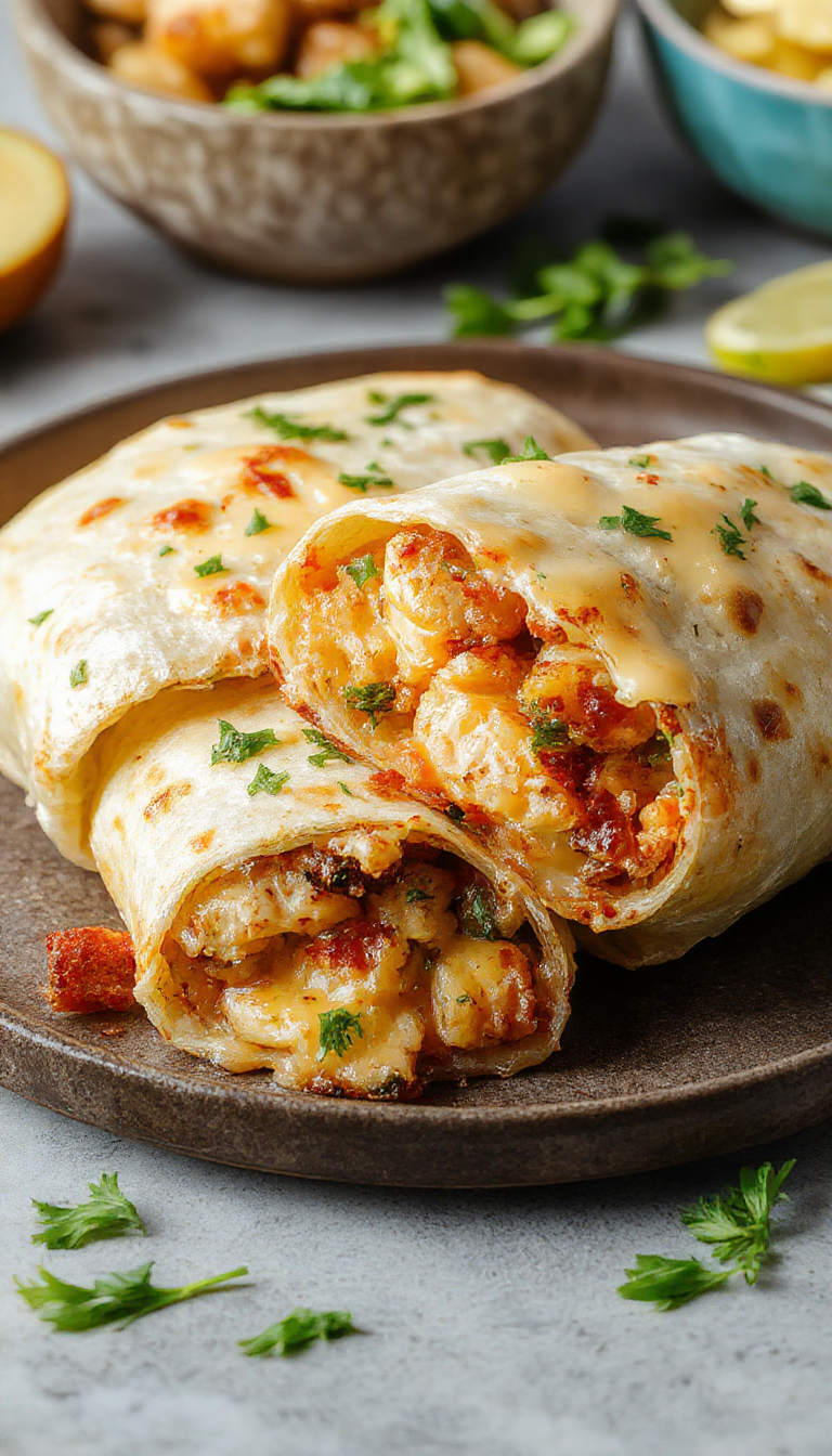 A tempting plate of cheesy garlic chicken wraps sliced to reveal melted cheese, grilled chicken, fresh lettuce, and garlic sauce, all wrapped in warm tortillas.