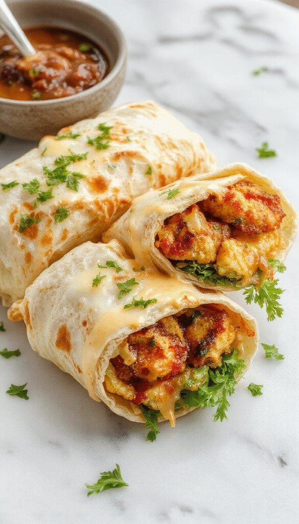 A close-up of golden-brown chicken wraps filled with melted cheese, fresh garlic, and herbs, neatly sliced to reveal gooey cheese inside, garnished with chopped parsley on a rustic white plate.