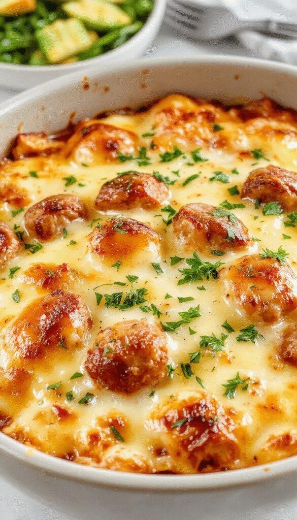 A savory bake featuring sliced smoked sausage, melted cheese, and ranch seasoning, served hot in a baking dish with fresh herbs garnished on top.