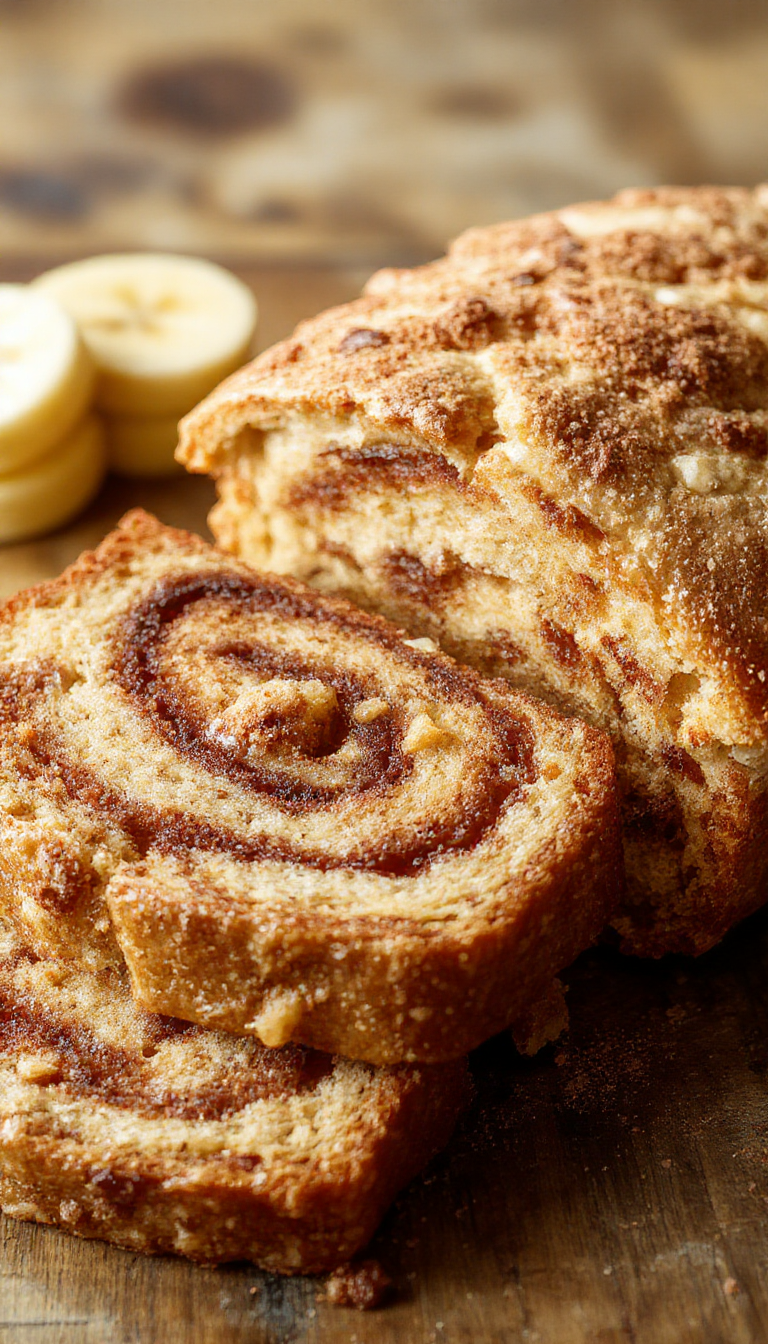 A freshly baked loaf of Cinnamon Swirl Banana Bread with a golden crust, showcasing swirls of cinnamon and banana slices inside.