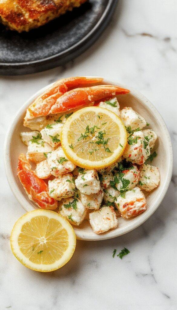 A vibrant crab salad featuring flaky white crab meat, bright green herbs, and sliced lemon wedges on a white plate. The salad is garnished with fresh dill and cherry tomatoes, with a drizzle of dressing creating a glossy texture. The presentation is elegant, highlighting the colorful ingredients against a rustic wooden background.