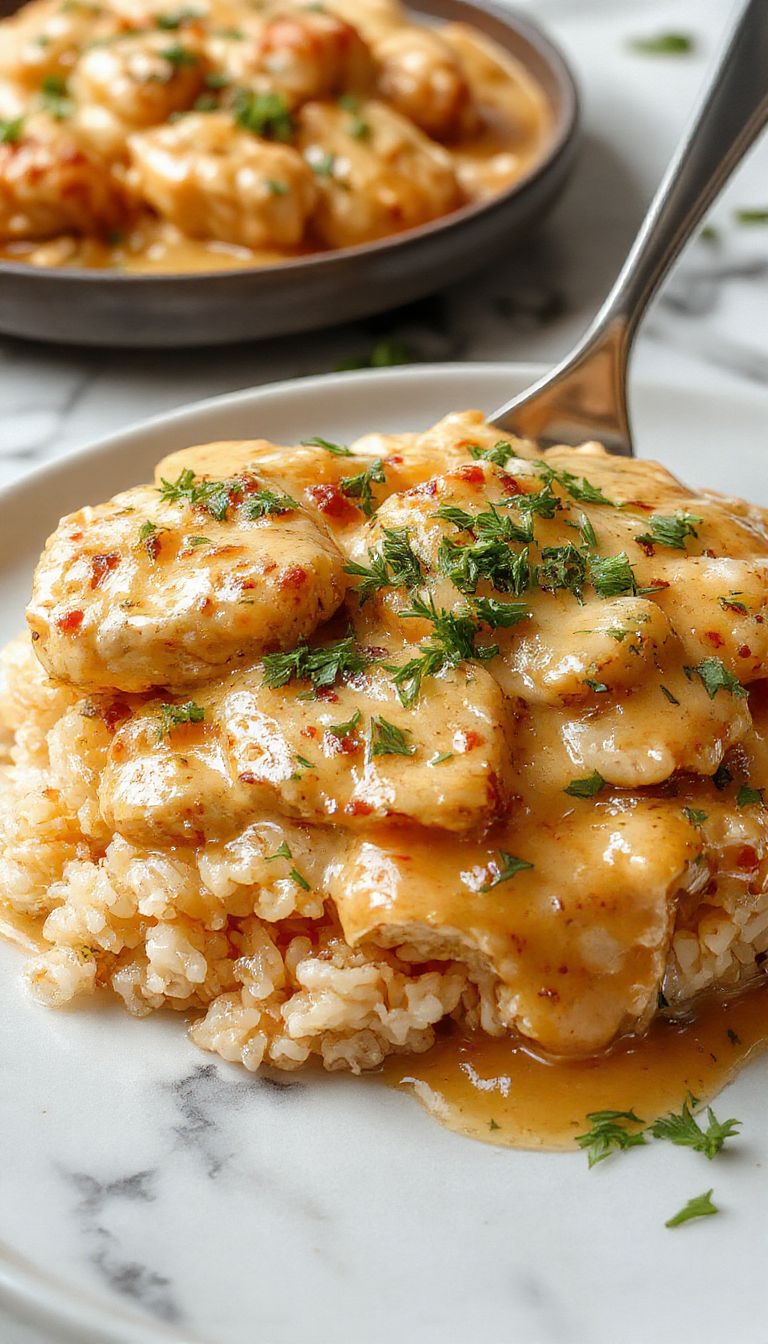 A close-up of a bowl with tender, shredded chicken smothered in a rich, creamy sauce, garnished with fresh herbs. Plated with fluffy rice and colorful vegetables, the dish looks glossy and inviting, with a smooth sauce coating the chicken and rice.