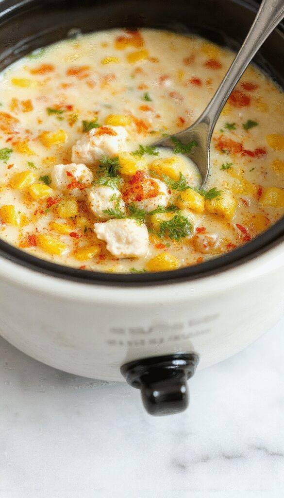 A steaming bowl of golden-yellow chicken corn chowder topped with fresh chopped parsley, appearing creamy with chunks of tender chicken, corn kernels, and a smooth, velvety texture. The bowl is placed on a rustic wooden table with a spoon resting nearby, and the vibrant colors of the dish contrast beautifully with the white background and garnishes.
