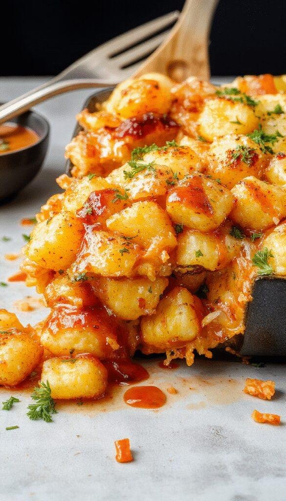 A hot, bubbling casserole dish topped with crispy tater tots, melted cheese, and fresh herbs, ready to serve family comfort food.