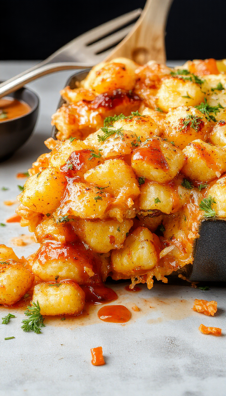 A hot, bubbling casserole dish topped with crispy tater tots, melted cheese, and fresh herbs, ready to serve family comfort food.