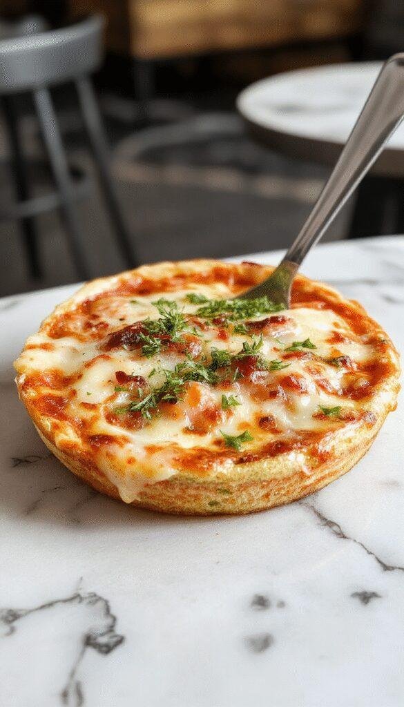 A close-up of a freshly baked French Onion Soup Pizza featuring a golden brown crust topped with caramelized onions, melted cheese, and crisp herbs, garnished with fresh parsley and presented on a rustic wooden board.