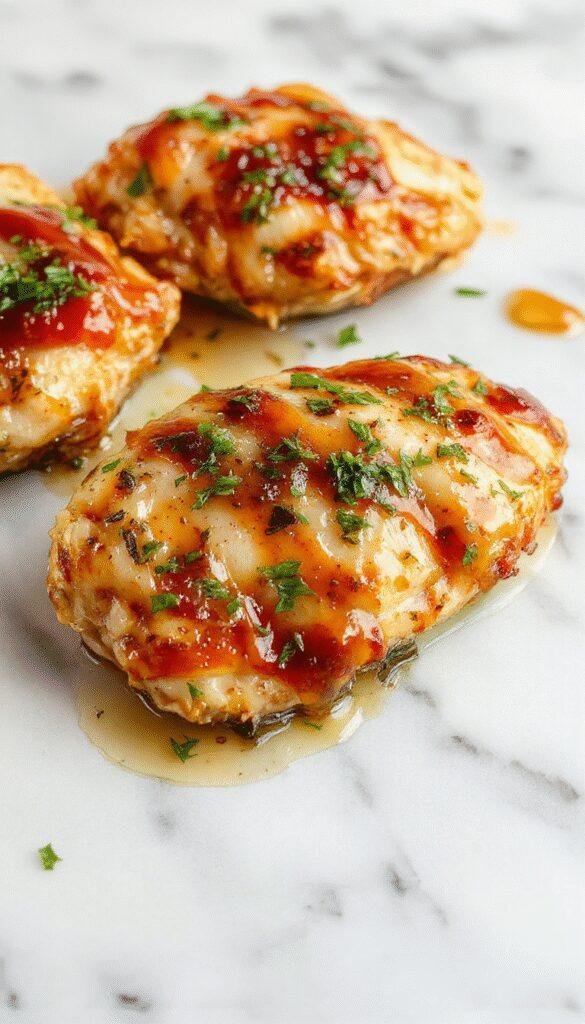 A close-up of golden-brown chicken breasts glazed with a shiny honey garlic sauce, garnished with fresh chopped herbs on a white plate with a drizzle of sauce around; steam rising subtly, set against a rustic wooden background.