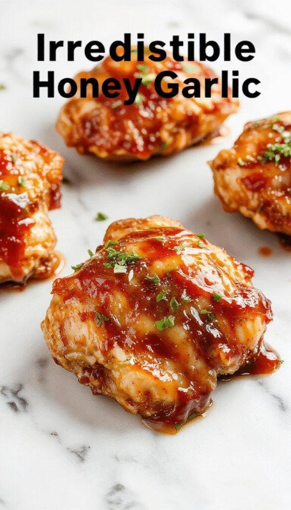 A close-up of golden-brown chicken thighs glazed with a shiny honey garlic sauce, garnished with fresh green herbs on a white plate, with a background of a rustic wooden table and scattered garlic cloves and honey jars