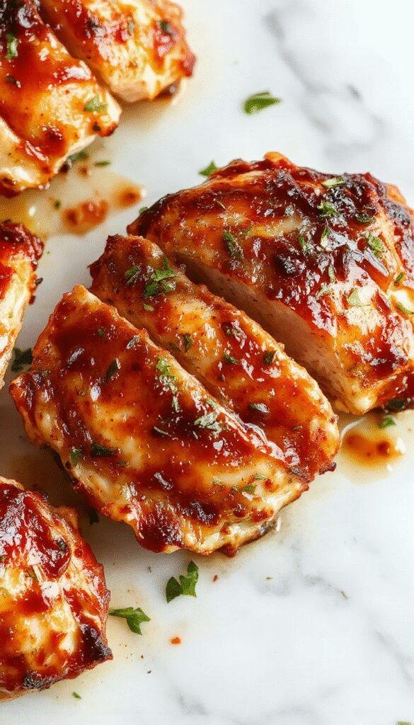 A perfectly cooked golden-brown chicken breast plated on a white dish, garnished with fresh herbs, side of vibrant vegetables, and a light glaze that highlights its juicy texture. The chicken has a crispy exterior with grill marks, contrasted by the tender, moist interior visible through a slight cross-section.