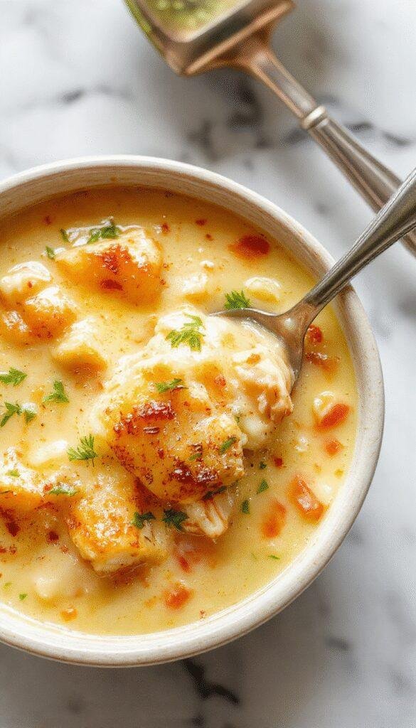 A vibrant bowl of keto chicken pot pie soup featuring creamy broth with tender shredded chicken pieces, chunks of cauliflower and carrots, garnished with chopped parsley and a golden flaky crust crumble on top, presented on a rustic wooden table with fresh herbs and a spoon ready to serve.