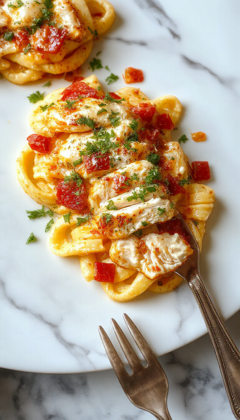 A close-up of a beautifully plated chicken pasta dish featuring tender pieces of chicken coated in a creamy sauce, garnished with fresh herbs and cherry tomatoes on a white elegant plate, with a rustic wooden table background and soft natural lighting highlighting the rich textures and vibrant colors.