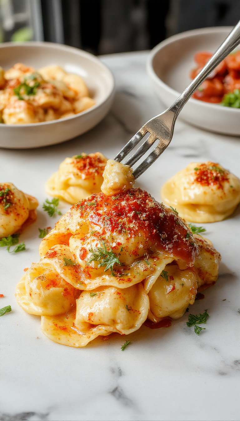 A close-up of a white plate filled with golden-brown tortellini coated in a creamy sauce, garnished with fresh basil leaves and cherry tomatoes, presented on a rustic wooden table.