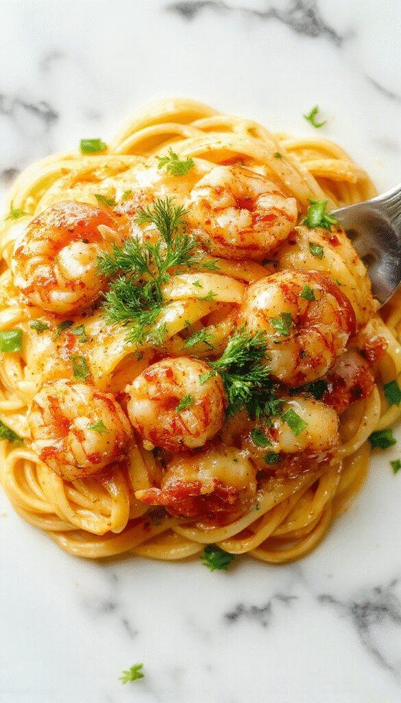 A vibrant plate of shrimp pasta featuring golden crispy shrimp nestled atop al dente spaghetti, coated in rich garlic butter sauce, garnished with fresh parsley and lemon wedges, all presented on a stylish white plate with a rustic wooden background.