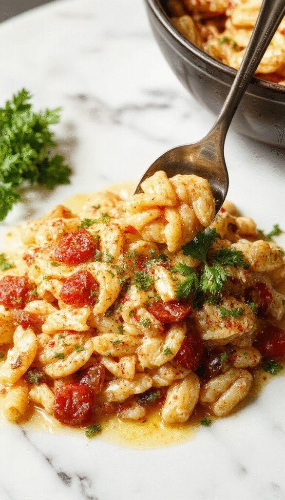 A vibrant plate of golden-brown orzo pasta garnished with fresh herbs and cherry tomatoes, served on a rustic white dinner plate with a side of leafy greens, the dish glistening with a light drizzle of olive oil, all set on a wooden table with natural light highlighting the textures and colors