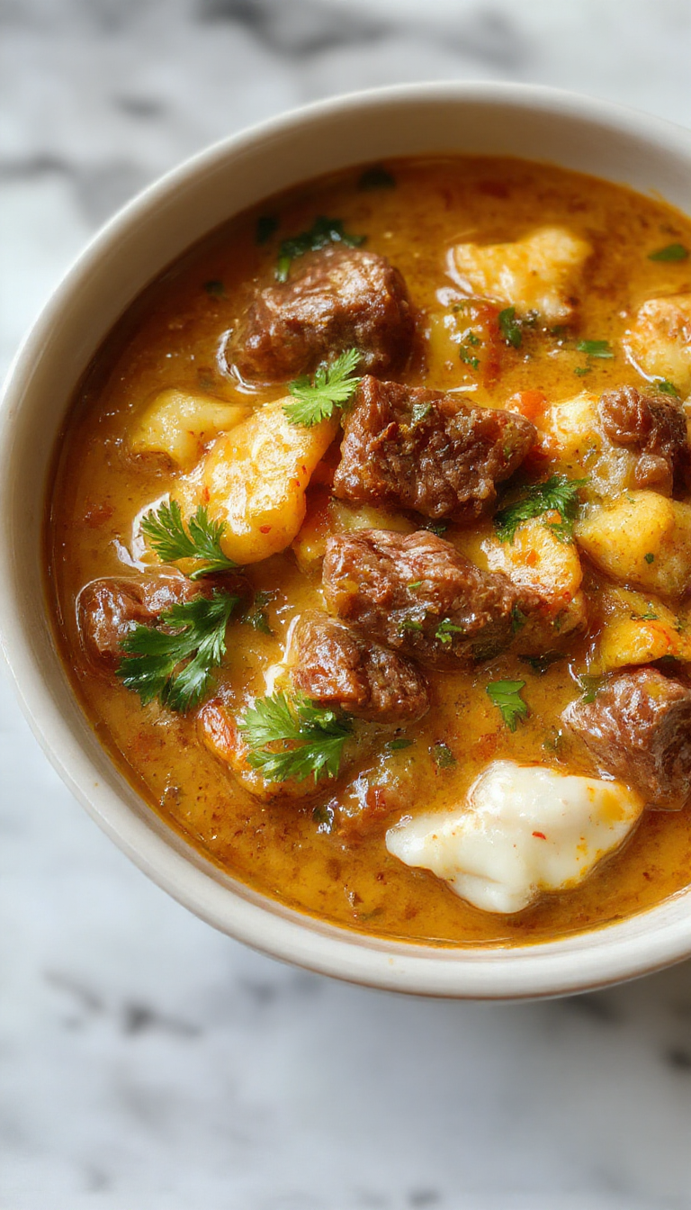 A vibrant bowl of beef coconut curry with tender beef chunks, creamy coconut sauce, garnished with fresh cilantro and slices of red chili, served on a white plate with a rustic wooden background.