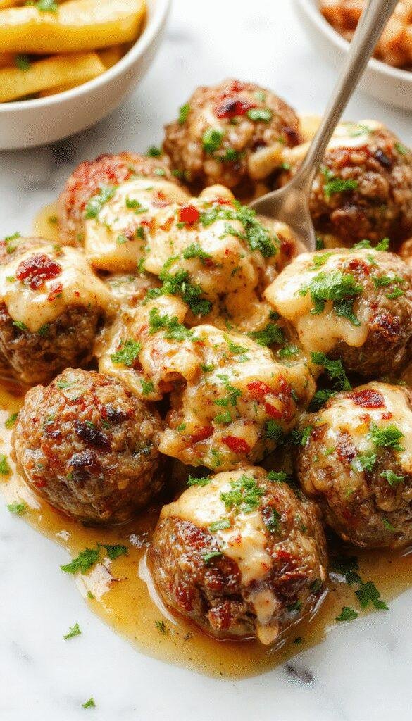 A close-up of golden-brown meatballs nestled in a rich, savory gravy, garnished with fresh herbs and served on a rustic white plate with a side of mashed potatoes and vegetables in the background.