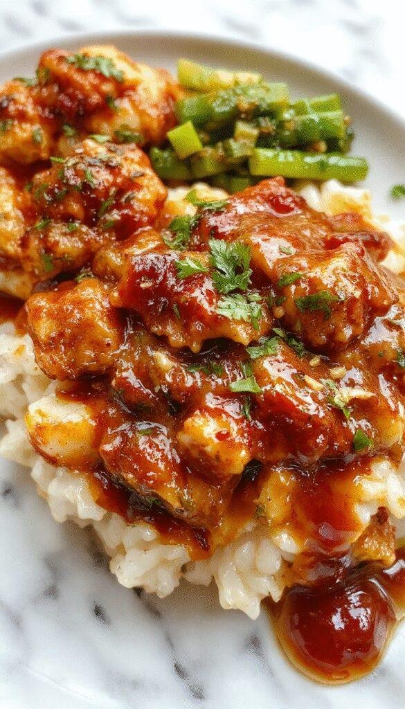 A plated serving of creamy smothered chicken on a bed of fluffy rice, topped with rich gravy, garnished with fresh herbs. The dish shows tender shredded chicken coated in a savory sauce, with a side of rice visible beneath, presented on a rustic white plate with a background of warm, inviting kitchen tones.