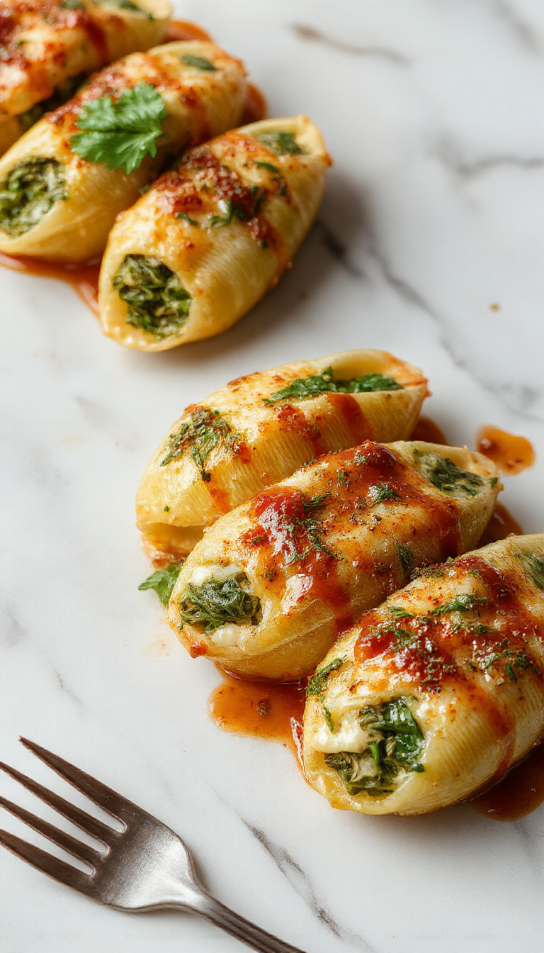 A close-up of a white oval platter filled with large, golden-brown stuffed pasta shells generously topped with fresh spinach and creamy ricotta, garnished with chopped herbs. The shells are arranged neatly on a rustic wooden surface with a side of cherry tomatoes and a drizzle of sauce, creating a colorful and inviting presentation.