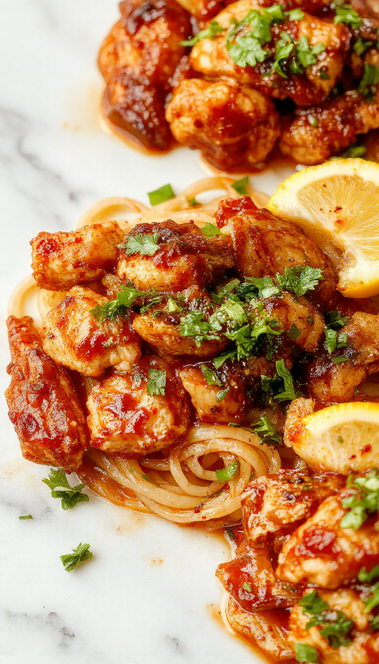 A vibrant plate of sticky garlic chicken noodle dish showcasing golden-brown chicken pieces coated in glossy garlic sauce atop a bed of perfectly cooked stir-fried noodles, garnished with chopped green onions and sesame seeds, with a backdrop of a rustic wooden table and fresh ingredients.