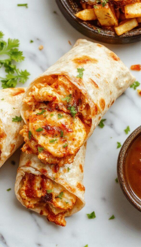 Close-up of golden-brown chicken wraps sliced open to reveal gooey melted cheese, fragrant garlic, fresh herbs, and crispy edges, plated on a rustic white dish with a drizzle of sauce and garnished with chopped parsley.