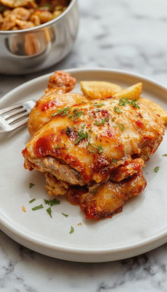 A close-up shot of a serving of melt in your mouth chicken, showcasing succulent, golden-brown pieces with a slightly glossy glaze, garnished with fresh herbs on a rustic white plate, accompanied by vibrant steamed vegetables and a bed of fluffy rice, all placed on a charming wooden table.