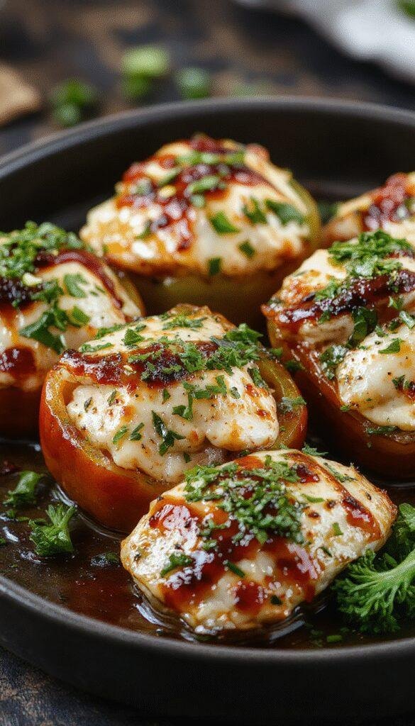 Colorful stuffed bell peppers filled with teriyaki chicken, garnished with green onions, set on a tropical-themed plate.