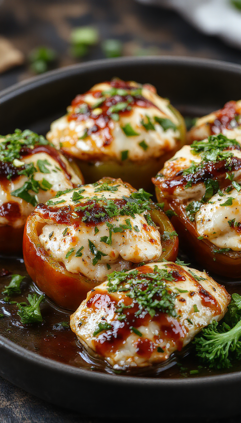 Colorful stuffed bell peppers filled with teriyaki chicken, garnished with green onions, set on a tropical-themed plate.