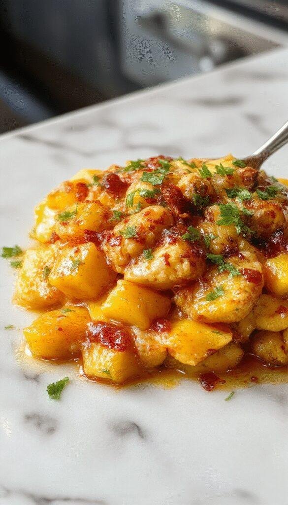 Vibrant mango chicken curry plated beautifully on a rustic white dish, with rich golden sauce, chunks of tender chicken and ripe mango slices topped with fresh cilantro, colorful spices scattered around, styled on a dark wooden table