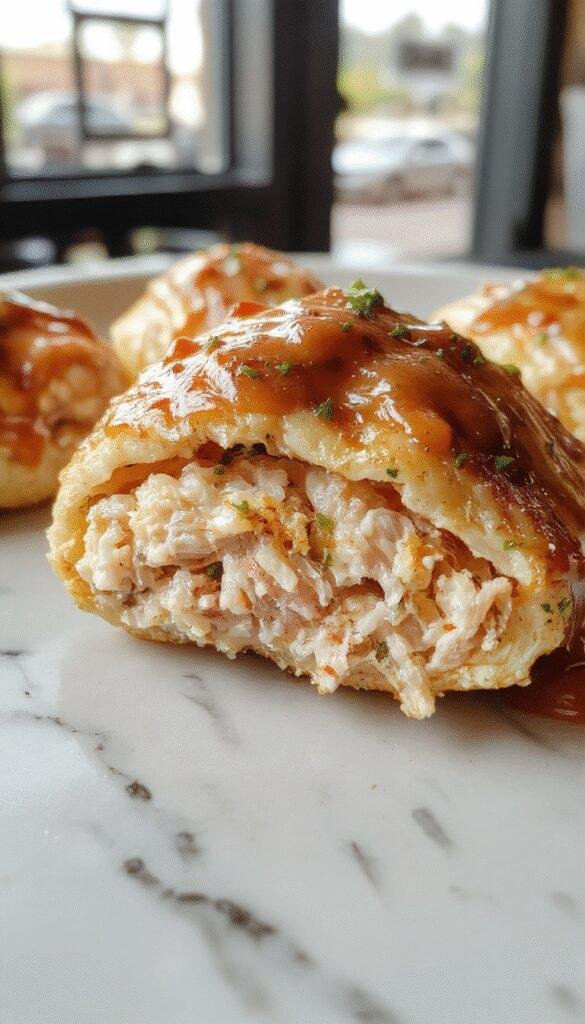 A close-up of perfectly cooked melt-in-your-mouth chicken pieces, golden brown and glazed with a shiny sauce, served on a white plate garnished with fresh herbs, with a rustic wooden table background.