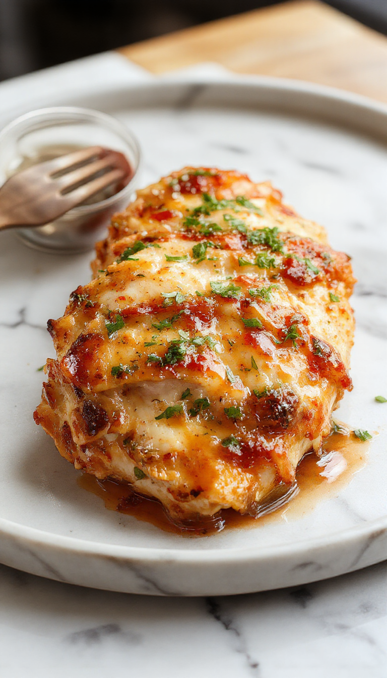 A beautifully plated chicken breast dish featuring tender, juicy chicken with golden-brown crust garnished with fresh herbs and vibrant vegetables on a rustic wooden table, with a soft-focus background that emphasizes the appealing textures and colors.